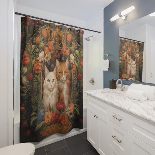 Cats in Floral Garden Shower Curtain, William Morris Inspired, Farmhouse Bathroom, Floral Shower Curtain, 71" x 74"