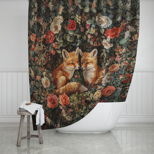 Baby Foxes in Floral Garden Shower Curtain William Morris Inspired Home Decor Shower Curtain 71" x 74"