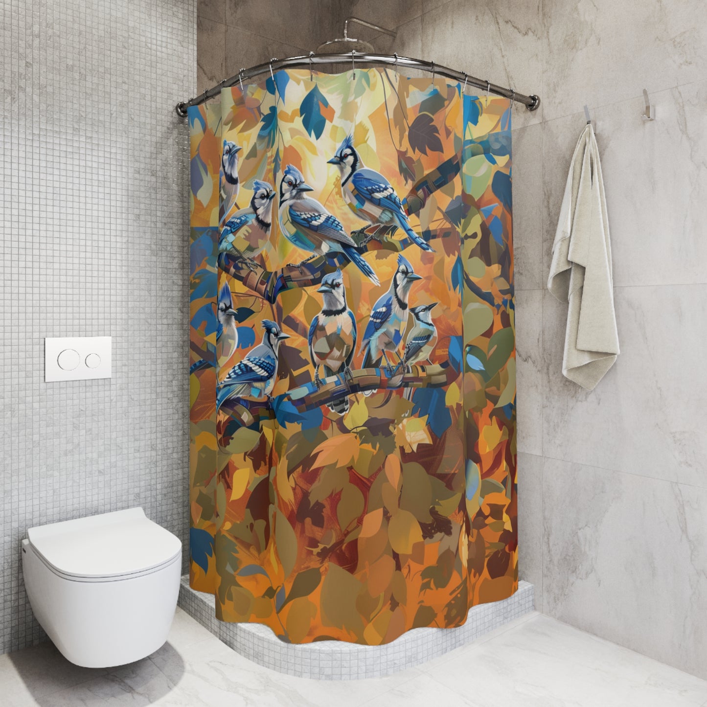 Abstract Blue Jay Birds Shower Curtain Autumn Bathroom Decor