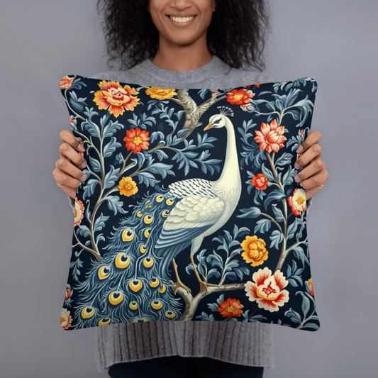 Peacock in Floral Garden Pillow