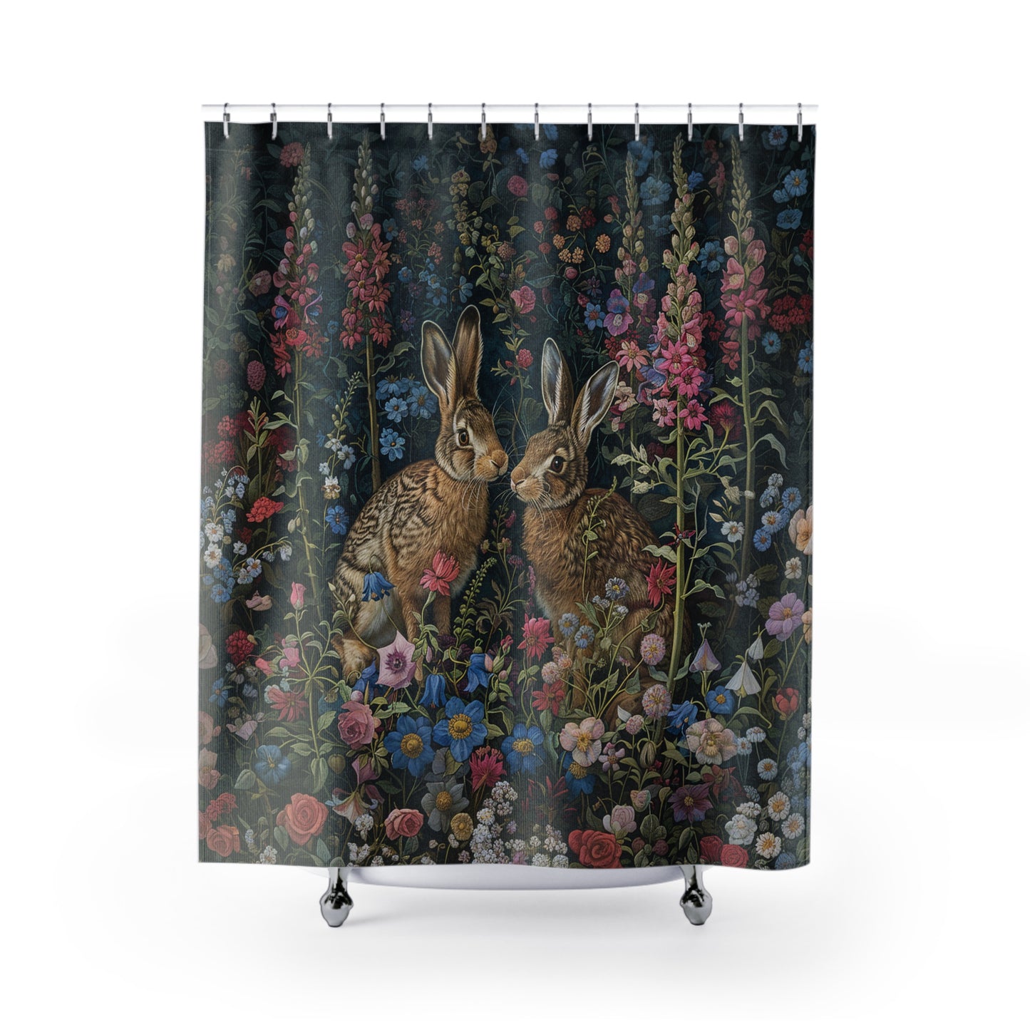 Rabbit Couple Garden Shower Curtain, William Morris Inspired, Farmhouse Bathroom, Floral Shower Curtain, 71" x 74"