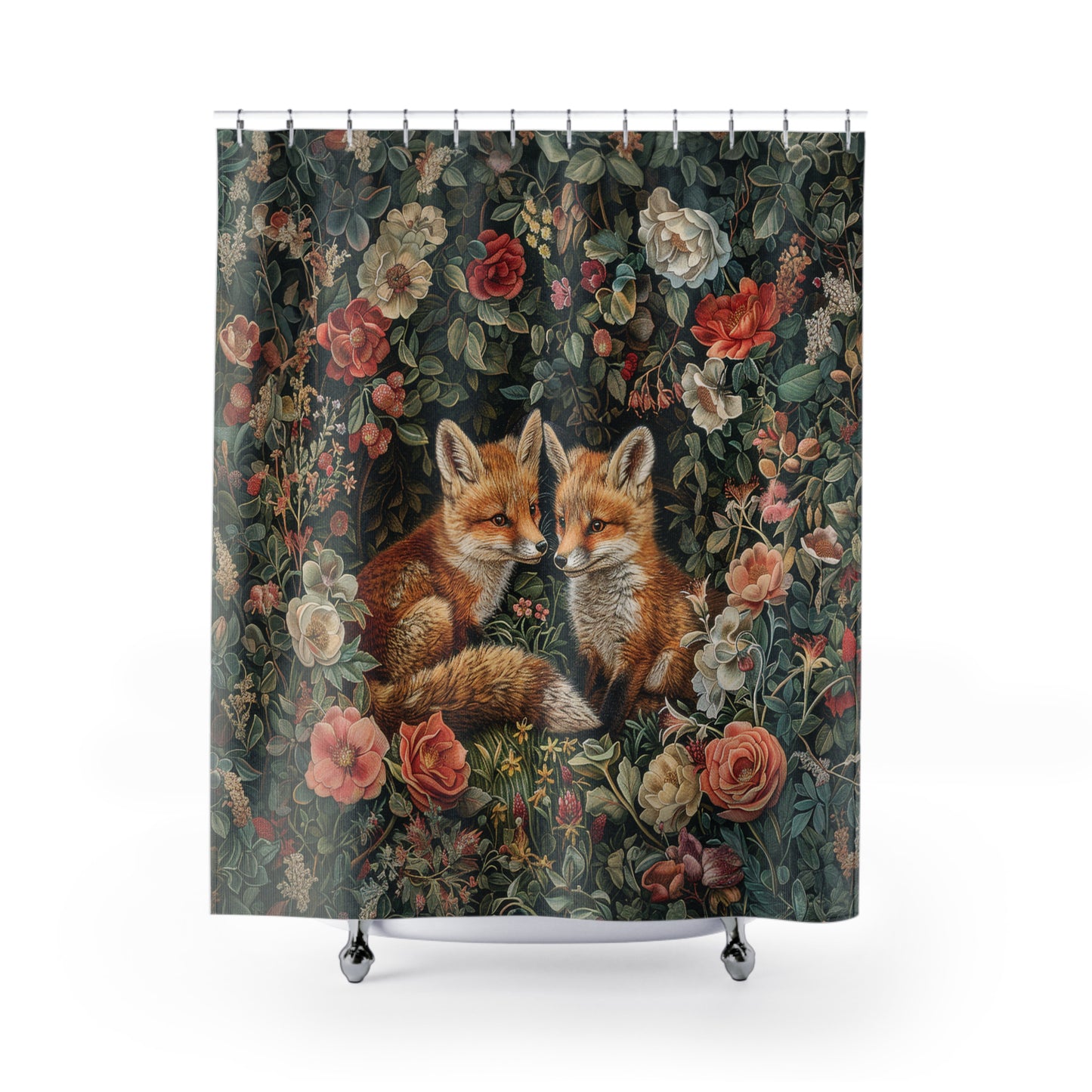 Baby Foxes in Floral Garden Shower Curtain William Morris Inspired Home Decor Shower Curtain 71" x 74"