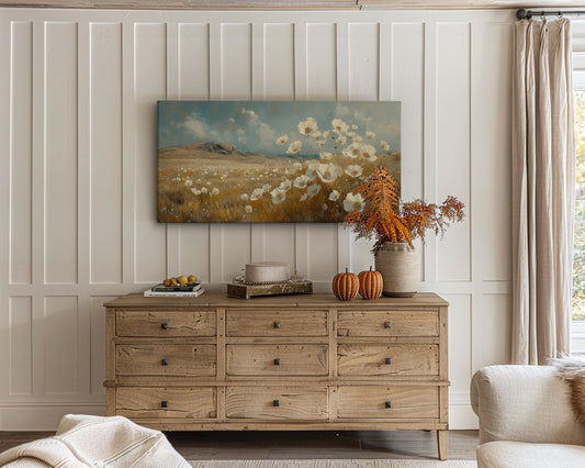 White Flower Meadow Painting – 2:1 Ratio Gallery Wrapped Canvas Wall Art, Ready to Hang