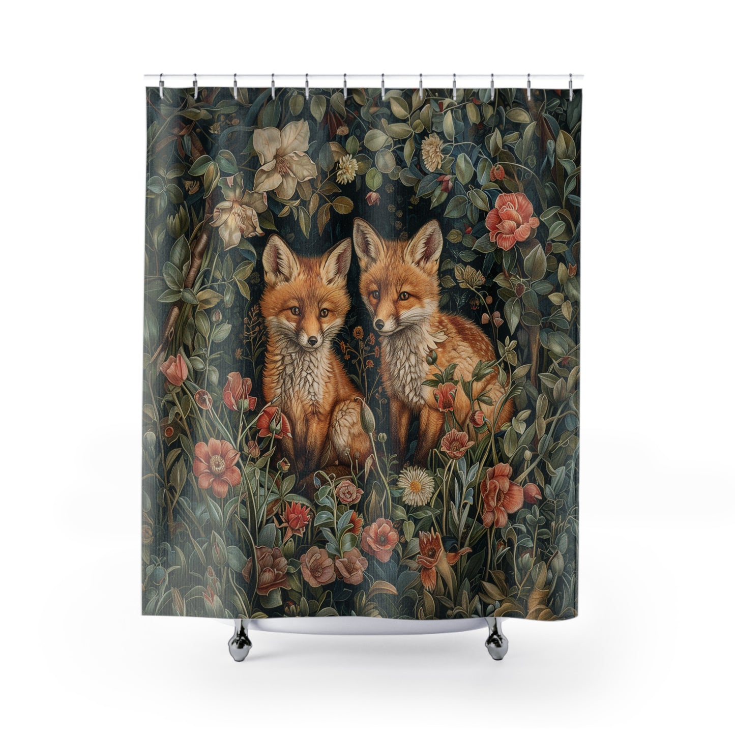 Baby Foxes Floral Garden Shower Curtain William Morris Inspired Home Decor Shower Curtain 71" x 74"
