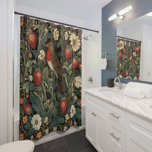 Bird in Strawberry Field Shower Curtain, William Morris Inspired, Farmhouse Bathroom, Floral Shower Curtain, 71in x 74in
