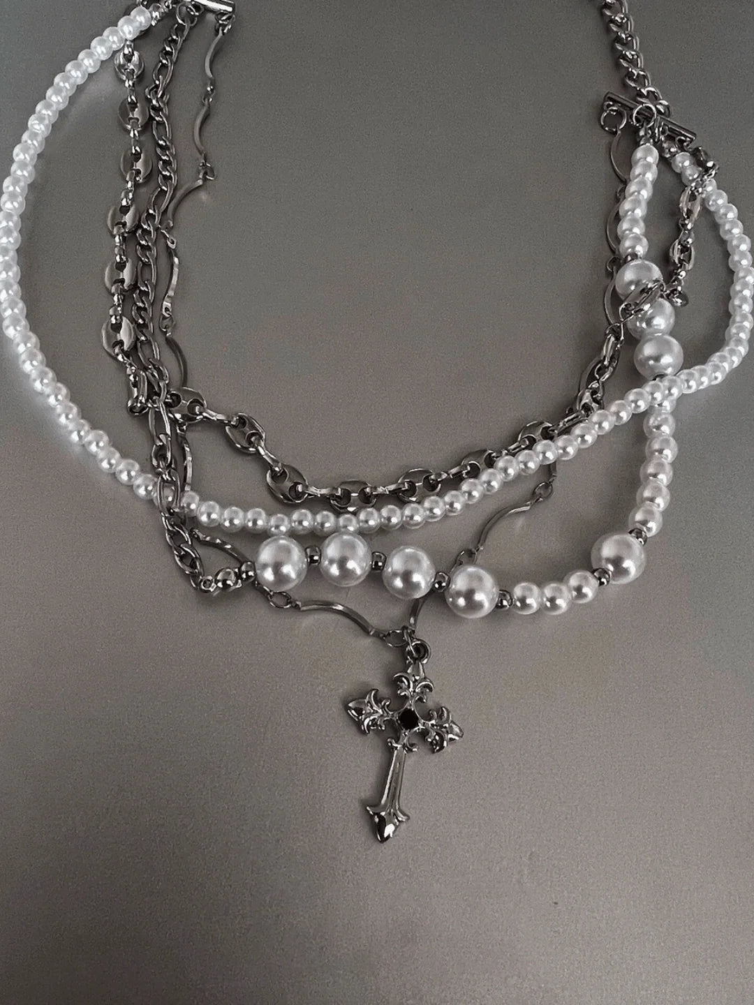 Multi-Layered Cross Pearl Necklace, IG, TikTok, Kpop Jewelry