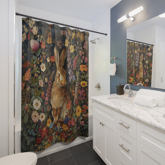 Cute Rabbit Shower Curtain, William Morris Inspired, Farmhouse Bathroom, Floral Shower Curtain, 71" x 74"