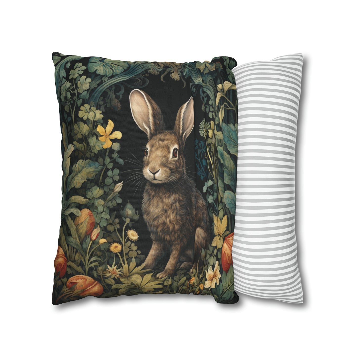 William Morris Inspired Rabbit amidst Floral Forest Pillow