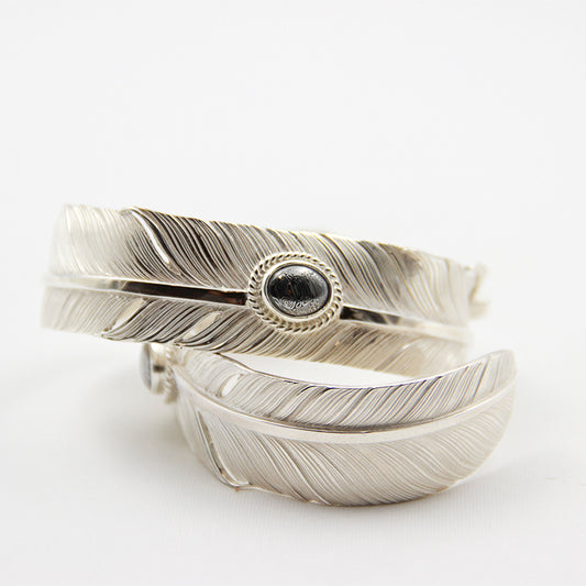 Silver Feather Damascus Cuff Bracelet Personalized Engraving