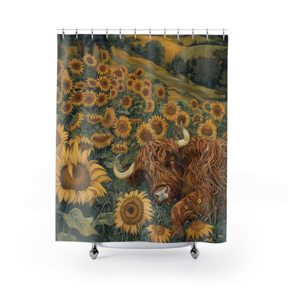 Sleepy Highland Cattle Sunflower Meadow Home Decor Shower Curtain 71" x 74"