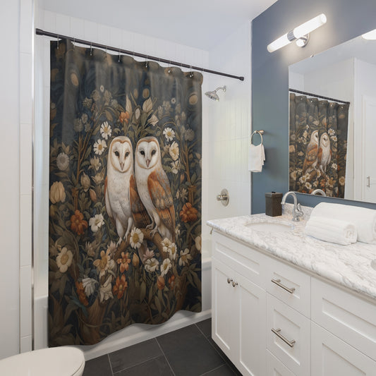 Woodland Barn Owl Couple Shower Curtain, William Morris Inspired, Farmhouse Bathroom, Floral Shower Curtain, 71" x 74"