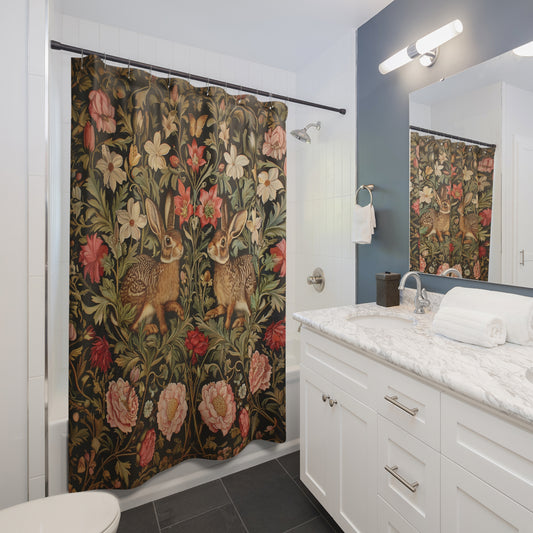 Adorable Bunnies Floral Garden Shower Curtain, William Morris Inspired, Farmhouse Bathroom, Floral Shower Curtain, 71" x 74"