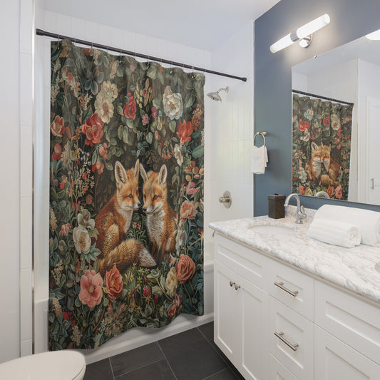 Baby Foxes in Floral Garden Shower Curtain William Morris Inspired Home Decor Shower Curtain 71" x 74"