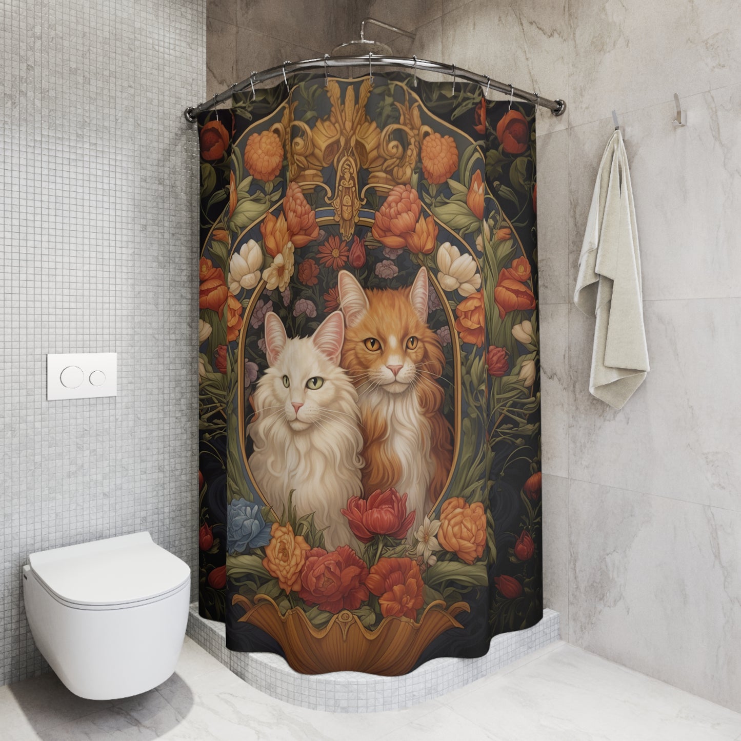 Cats in Floral Garden Shower Curtain, William Morris Inspired, Farmhouse Bathroom, Floral Shower Curtain, 71" x 74"