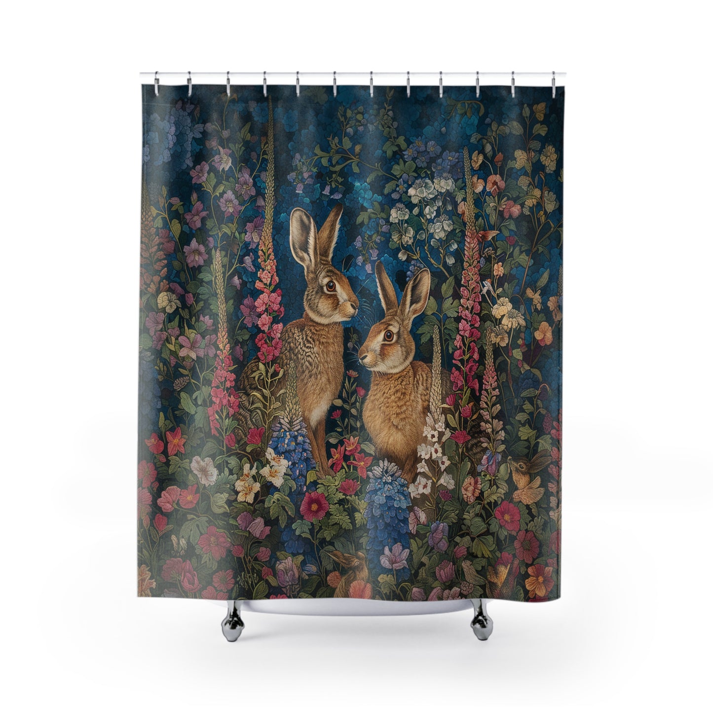 Rabbit Couple Garden Shower Curtain, William Morris Inspired, Farmhouse Bathroom, Floral Shower Curtain, 71" x 74"