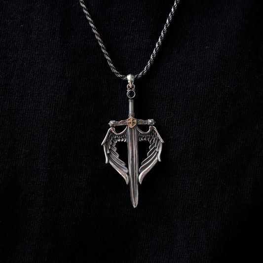 Guardian Angel Wings Sword Pendant Sterling Silver with 18K Gold Emblem