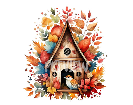 Autumn Birdhouse Watercolor Clipart