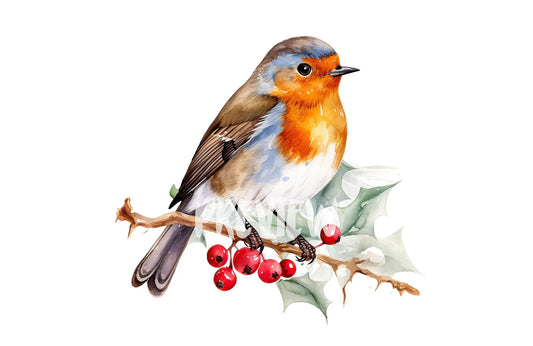 Watercolor Christmas Robin Bird clipart