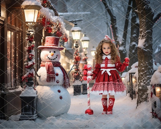 Snowman at Snowy Village Background, Fantasy Christmas Backdrop