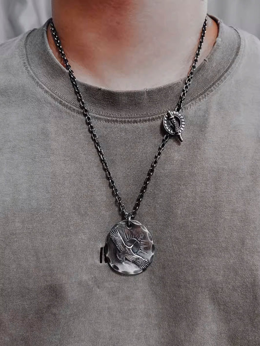 Silver Eagle Rising Sun Medallion Pendant