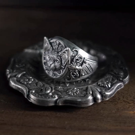 German Rex Cat Ring Silver Cat Floral Ring