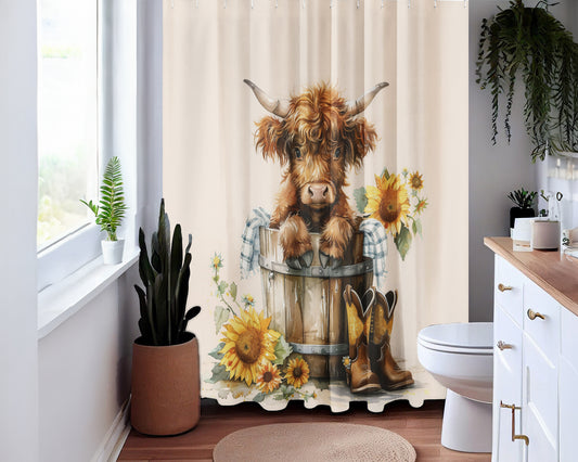 Sunflowers Highland Baby Cow Shower Curtain Farmhouse Bathroom Decor