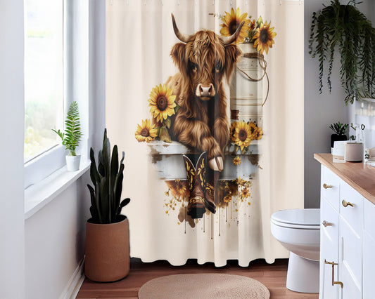 Highland Baby Cow Sunflowers Shower Curtain Farmhouse Bathroom Decor