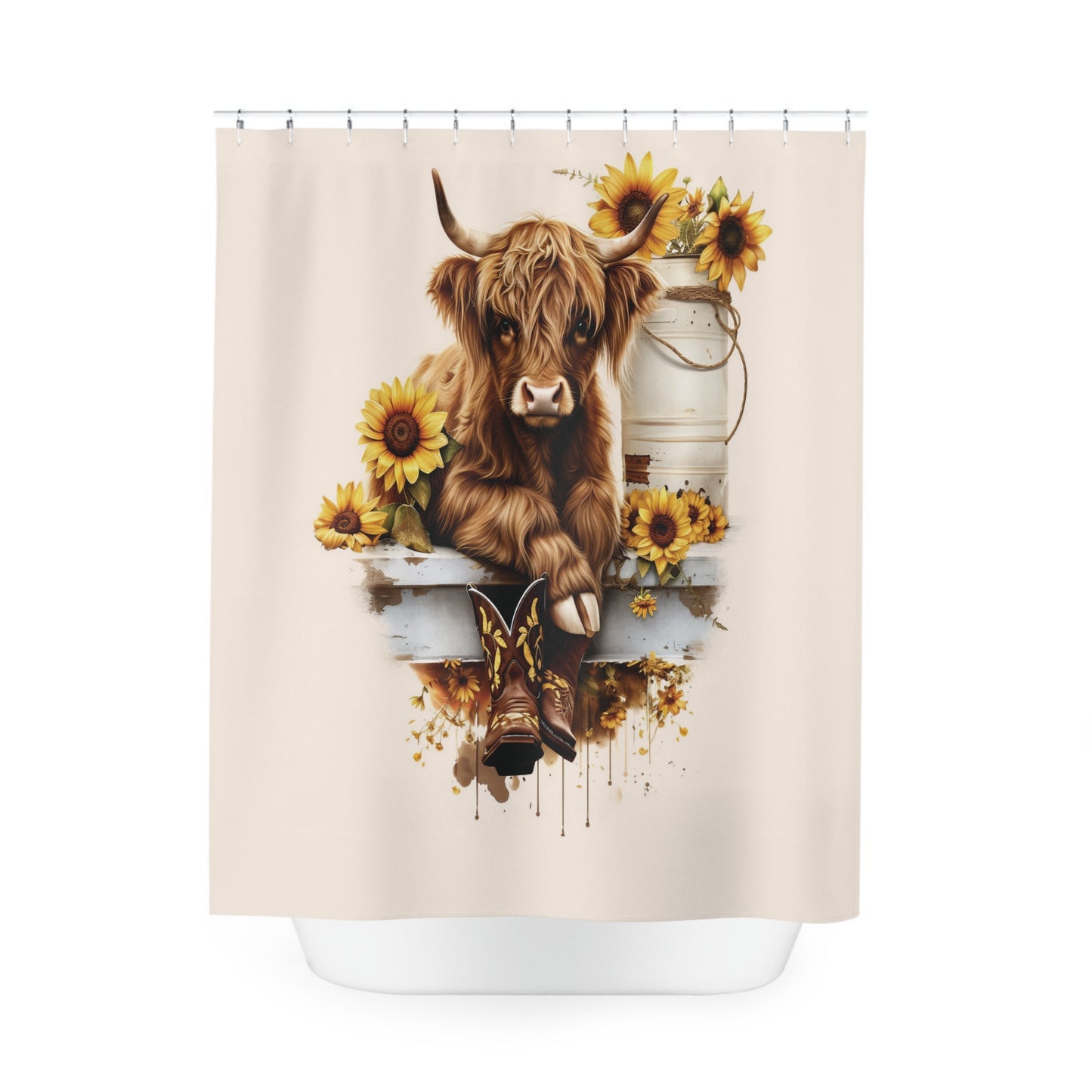 Highland Baby Cow Sunflowers Shower Curtain Farmhouse Bathroom Decor