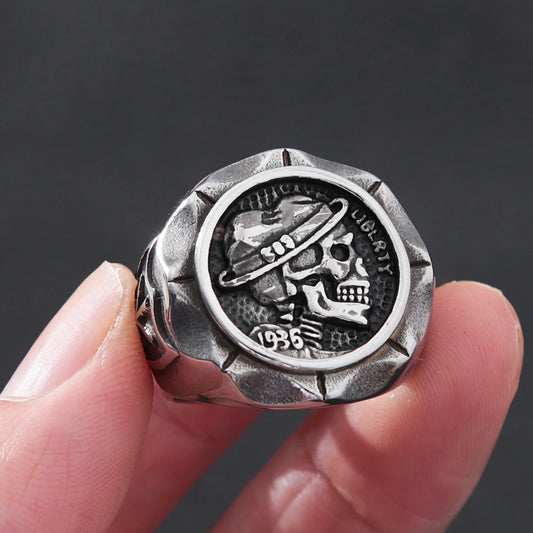 Hobo Nickel Brave Skull Ring, Vintage Pirate Signet Men's Ring
