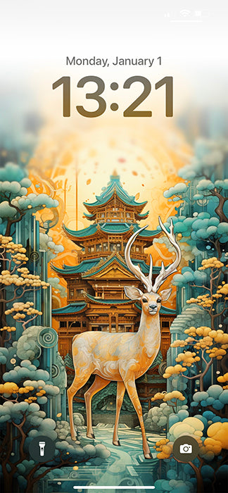 Temple in Forest and Deer Wallpaper