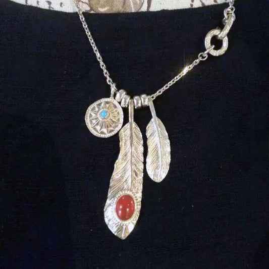 Silver Feather with Red Onyx and Turquoise Setup Necklace