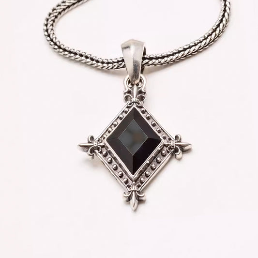 Medieval Fleur-de-Lis Black Onyx Diamond-shaped Pendant Necklace