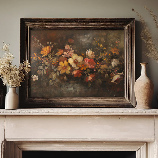 Moody Floral Wall Art – Vintage Autumn Flower Painting for Rustic Fall Decor