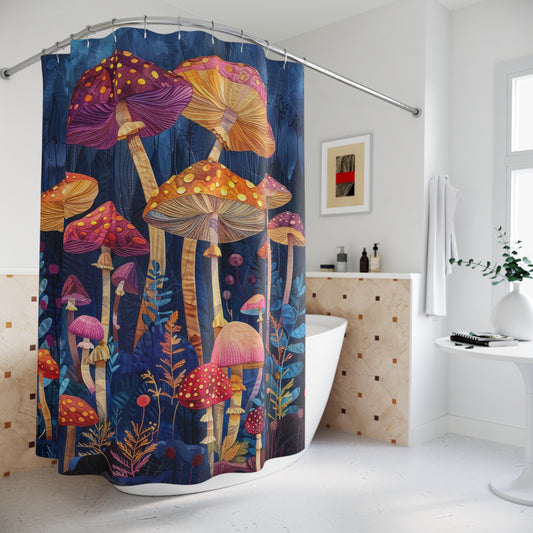 Mushrooms Patchwork Denim Quilt Art Print Shower Curtain Bathroom Decor