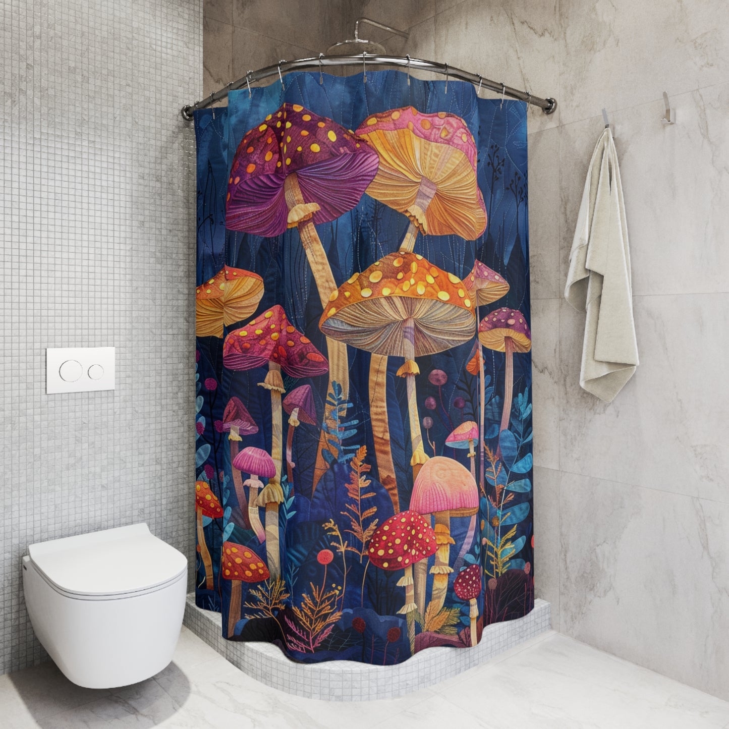 Mushrooms Patchwork Denim Quilt Art Print Shower Curtain Bathroom Decor