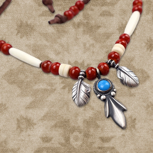 Navajo Inspired Silver Pendant Leather Cord Necklace