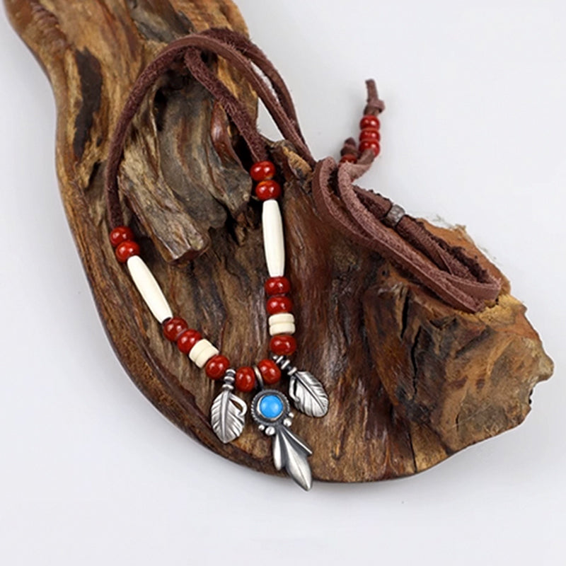 Navajo Inspired Silver Pendant Leather Cord Necklace