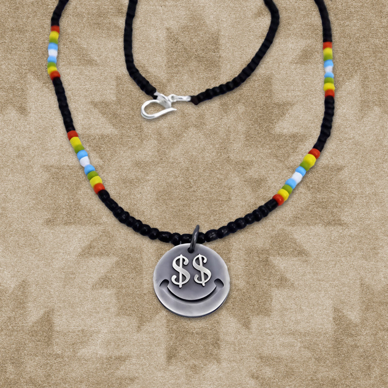 Silver Indian Head, Money Smiley Pendant Glaze Beaded Necklace