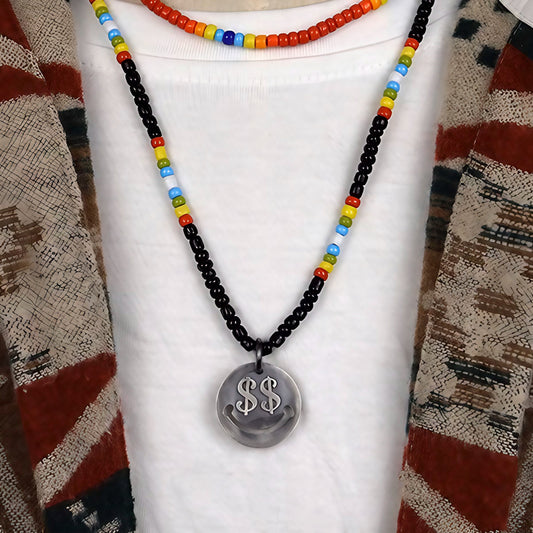 Silver Indian Head, Money Smiley Pendant Glaze Beaded Necklace