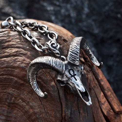 Sinister Long-Horned Goat Head Pendant Necklace