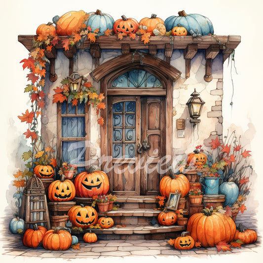 Autumn Porch Fall Garden Digital Watercolor