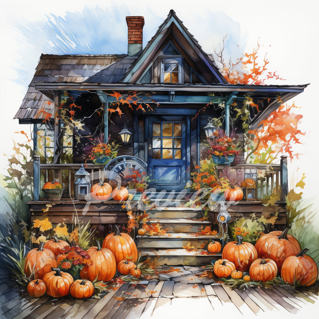 Autumn Porch Fall Garden Digital Watercolor