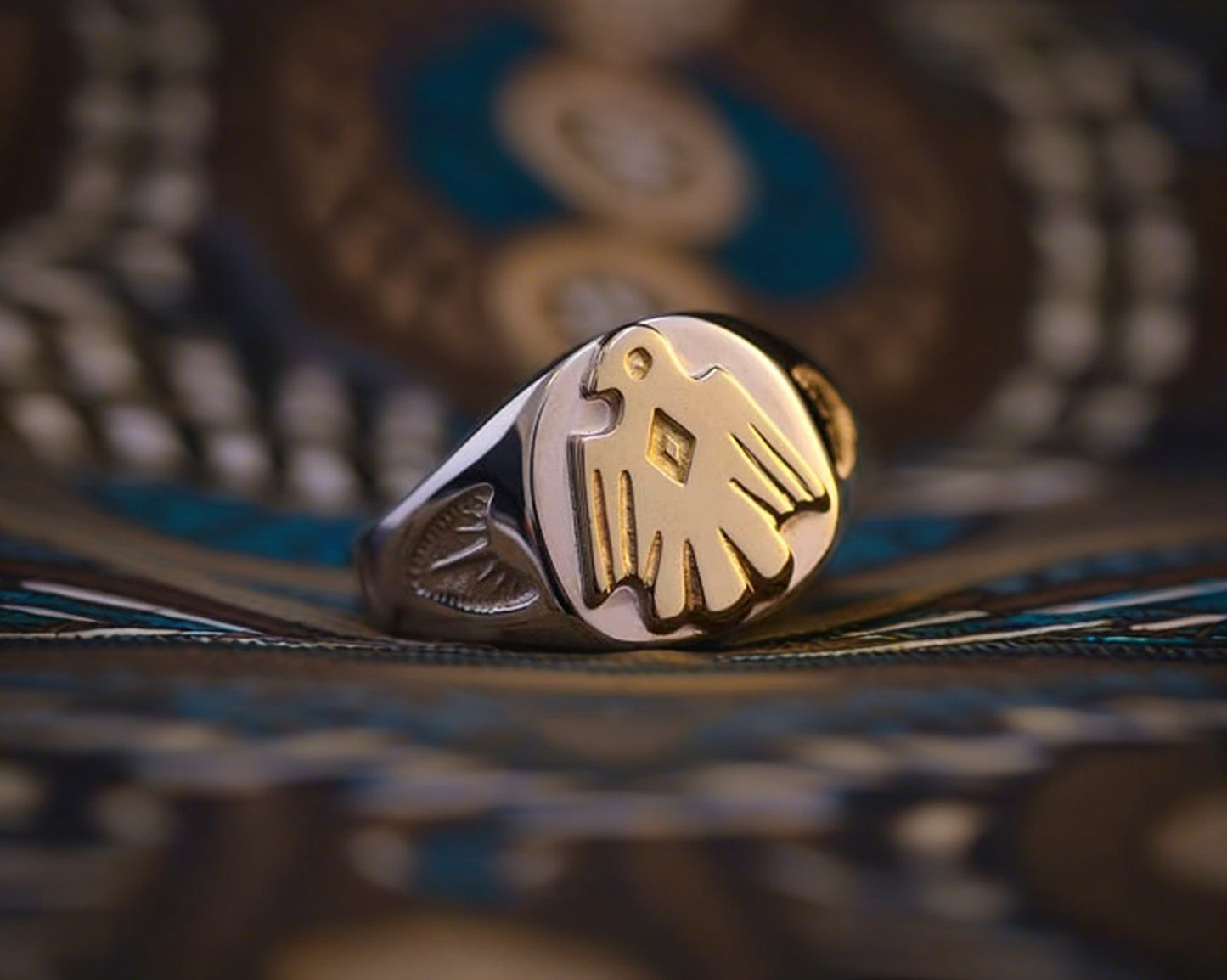Rounded Signet Ring, Thunderbird Eagle Stamp Ring