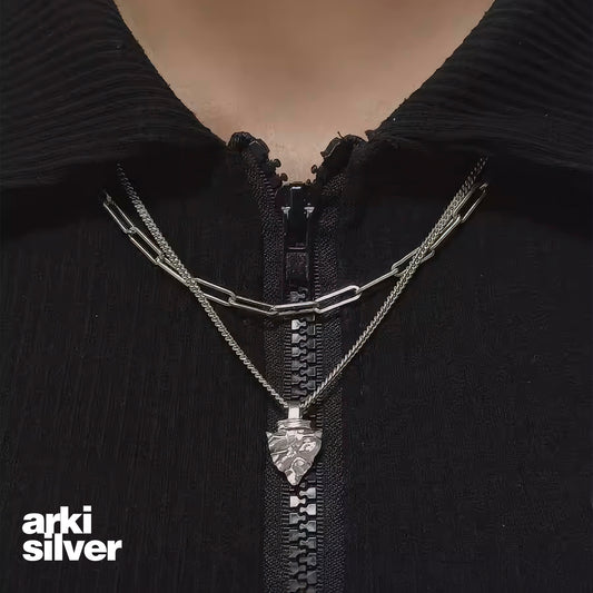 Double Layered Silver Necklace Silver Hammered Navajo Arrowhead