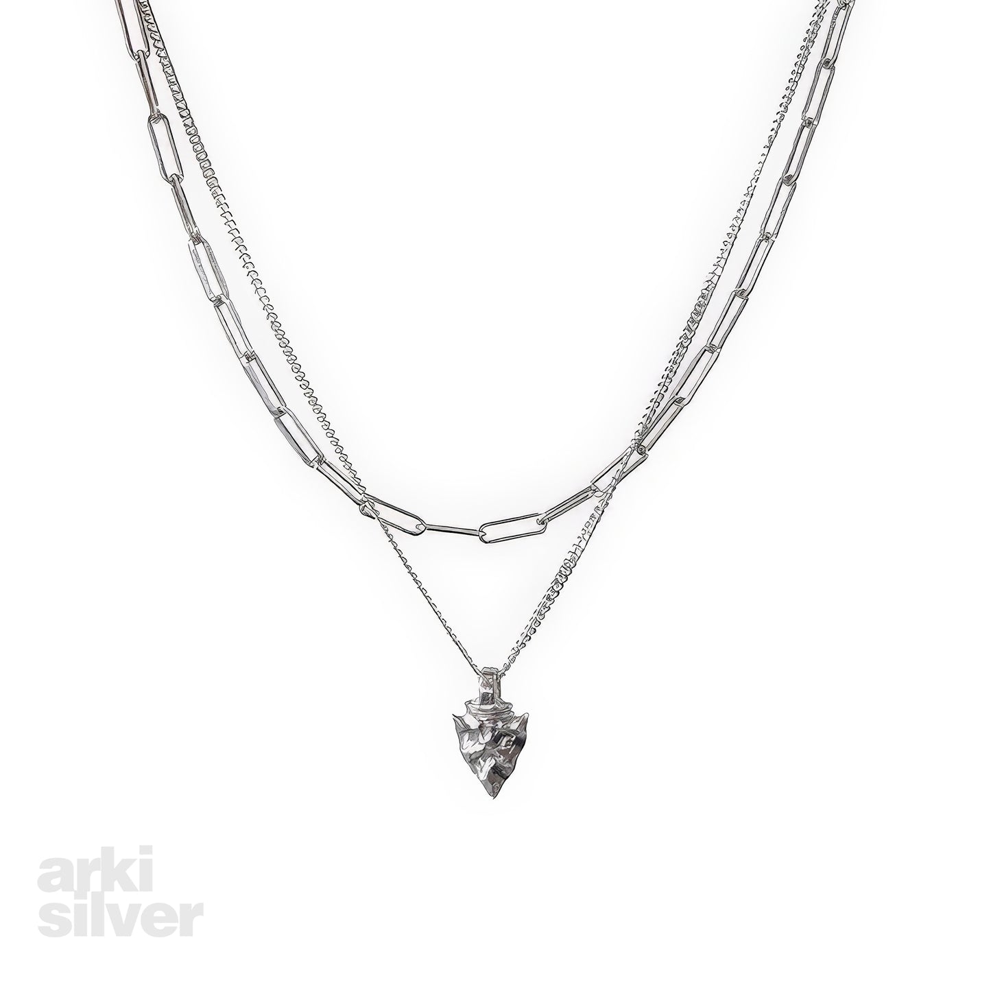 Double Layered Silver Necklace Silver Hammered Navajo Arrowhead