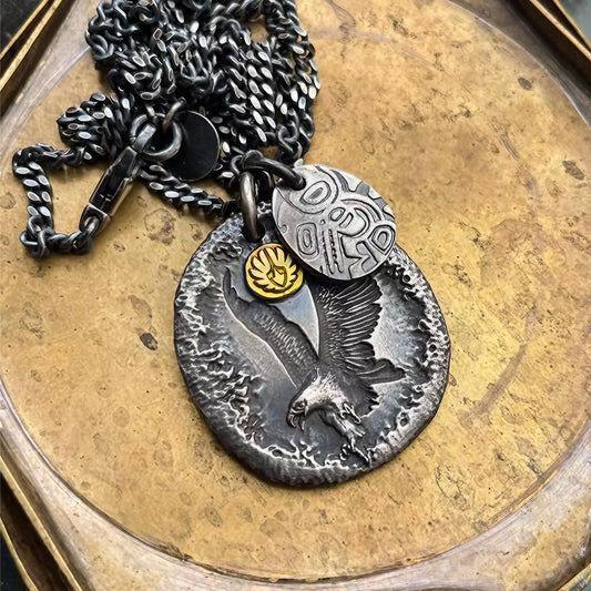 Flying Eagle with Gold Medallion Pendant with 18K Gold Emblem