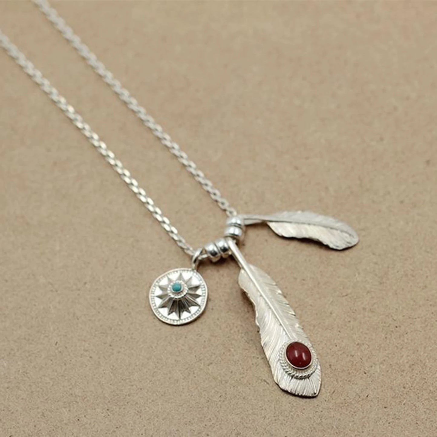 Silver Feather with Red Onyx and Turquoise Setup Necklace