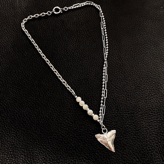 Handcrafted Silver Shark Tooth Seashell Bead Layered Necklace Set