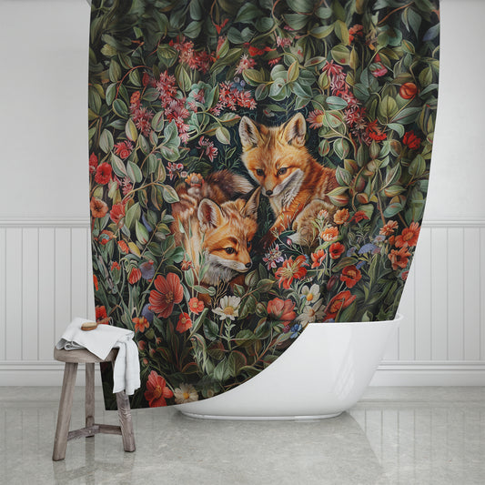 Woodland Baby Foxes Floral Shower Curtain William Morris Inspired Home Decor Shower Curtain 71" x 74"