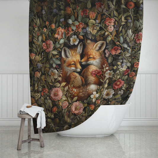 Baby Foxes Floral Shower Curtain William Morris Inspired Home Decor Shower Curtain 71" x 74"